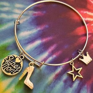 Handmade Pink Silver Super Mom Bangle Charm Bracelet